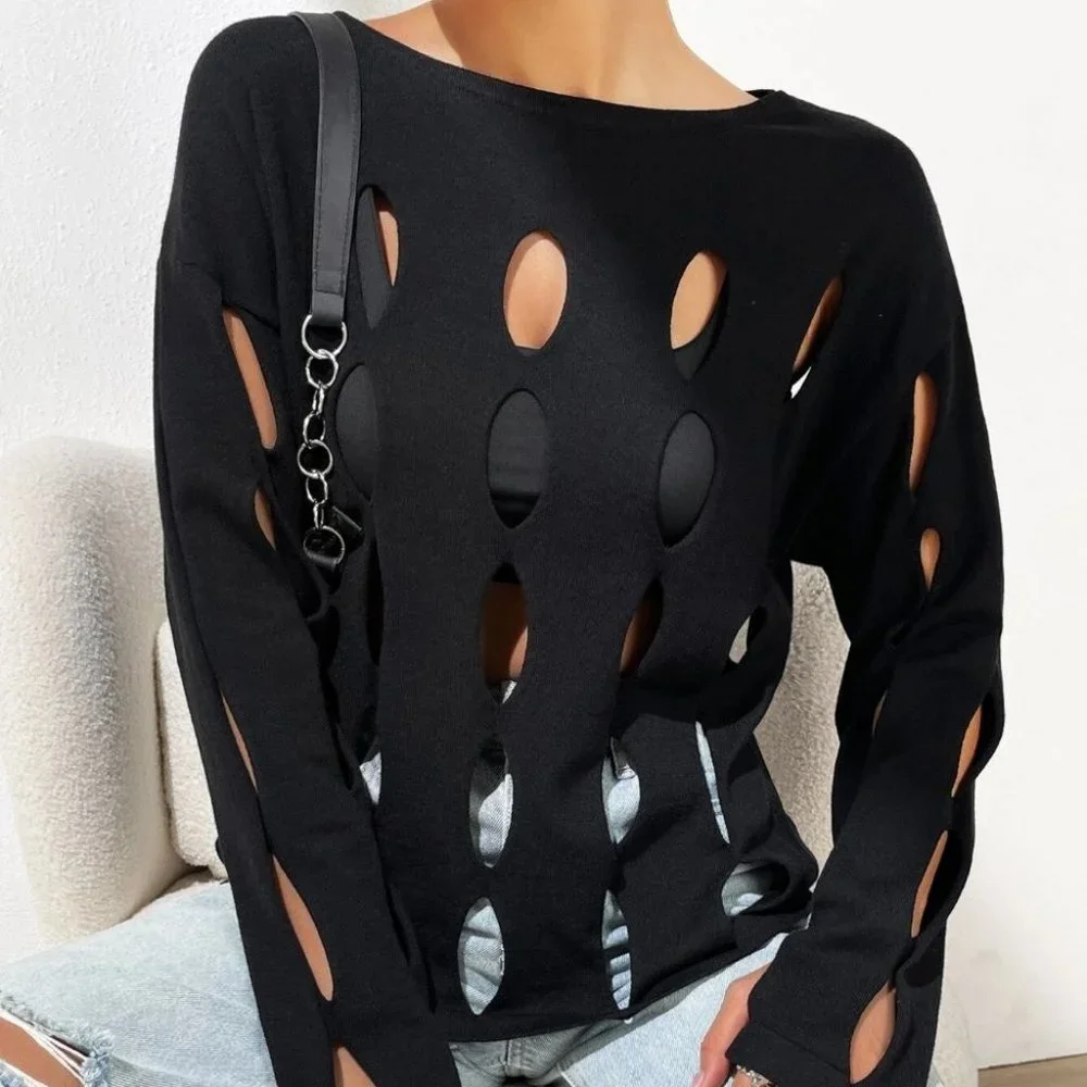 Black Preppy Womens Cut Out Drop Shoulder Sweater - Picture 3 of 5